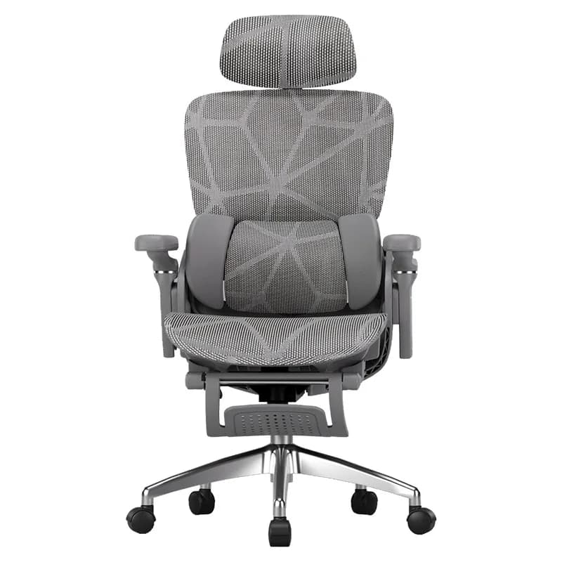 Grey ergonomic computer chair with headrest and lumbar support