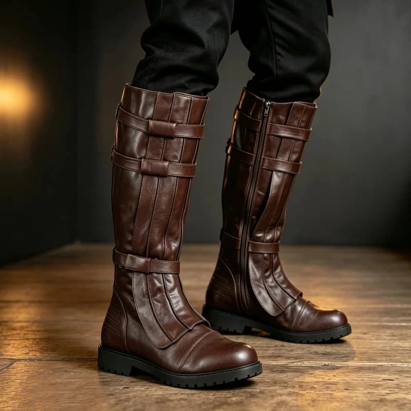 Dark brown medieval-style PU leather mid-calf boots with strap details and side zipper.