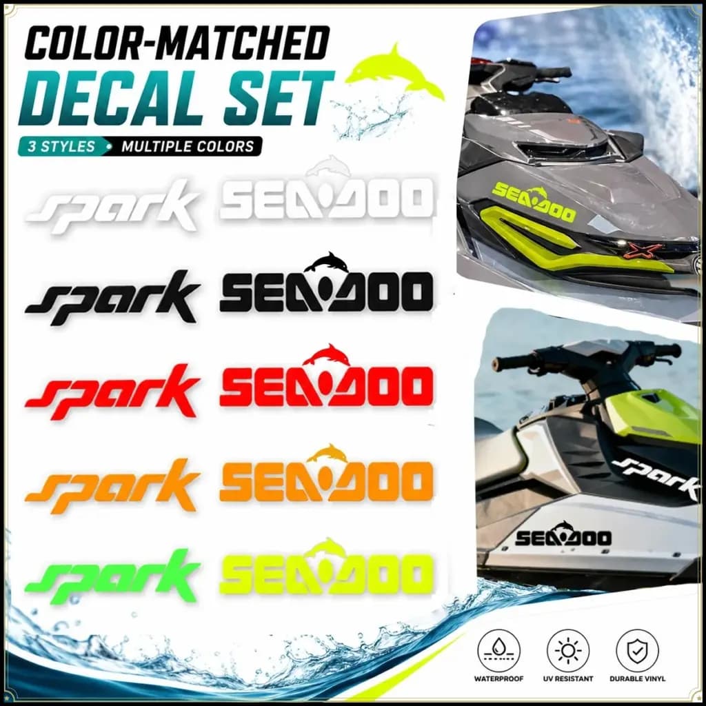 Various color-matched Sea-Doo Spark Trixx reflective decal stickers for jet skis.