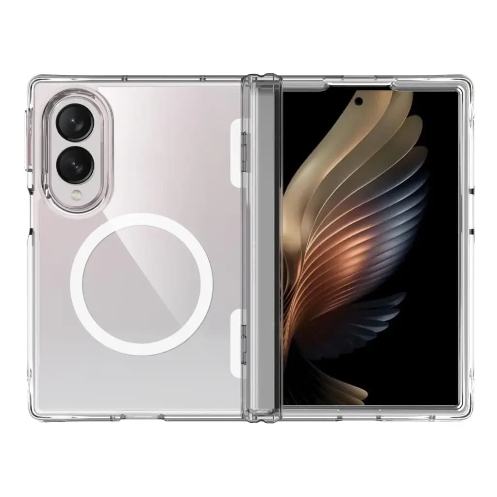 Clear protective MagSafe case for Samsung Galaxy Z Fold 8 Wide showing magnetic ring.