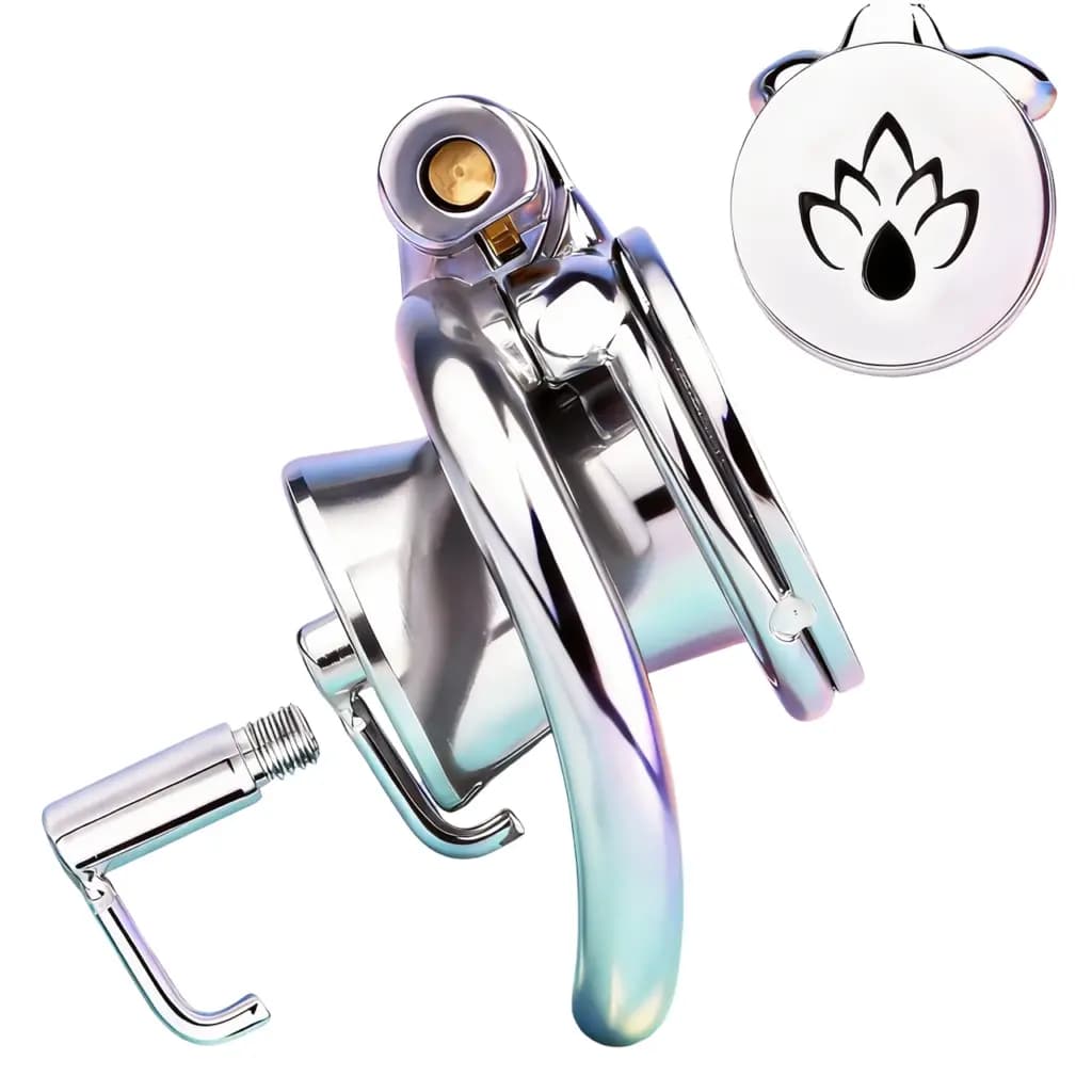 Polished chrome inverted flame chastity cage with urethral cylinder attachment.
