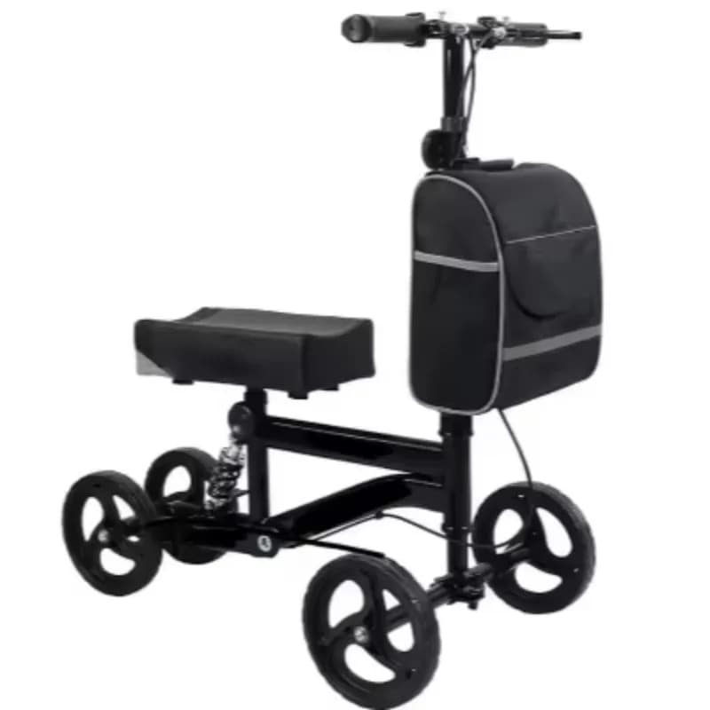 Black steerable knee scooter walking aid with a padded knee rest and front storage bag.