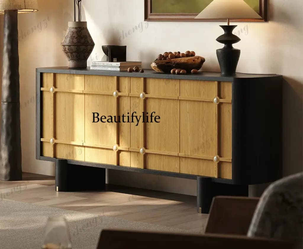 Elegant Wabi side cabinet with a black frame and light wood paneling in a retro designer style.