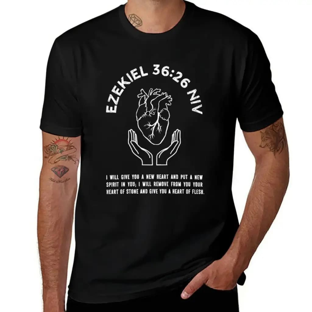 Men's oversized T-shirt featuring Ezekiel 36:26 scripture and heart graphic design