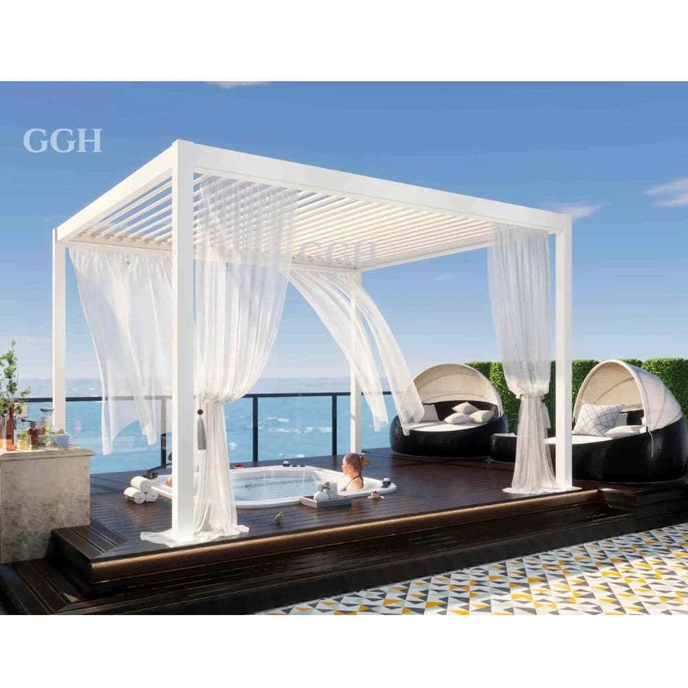 Modern white aluminum pergola with adjustable louvres installed over a luxury deck and pool area.