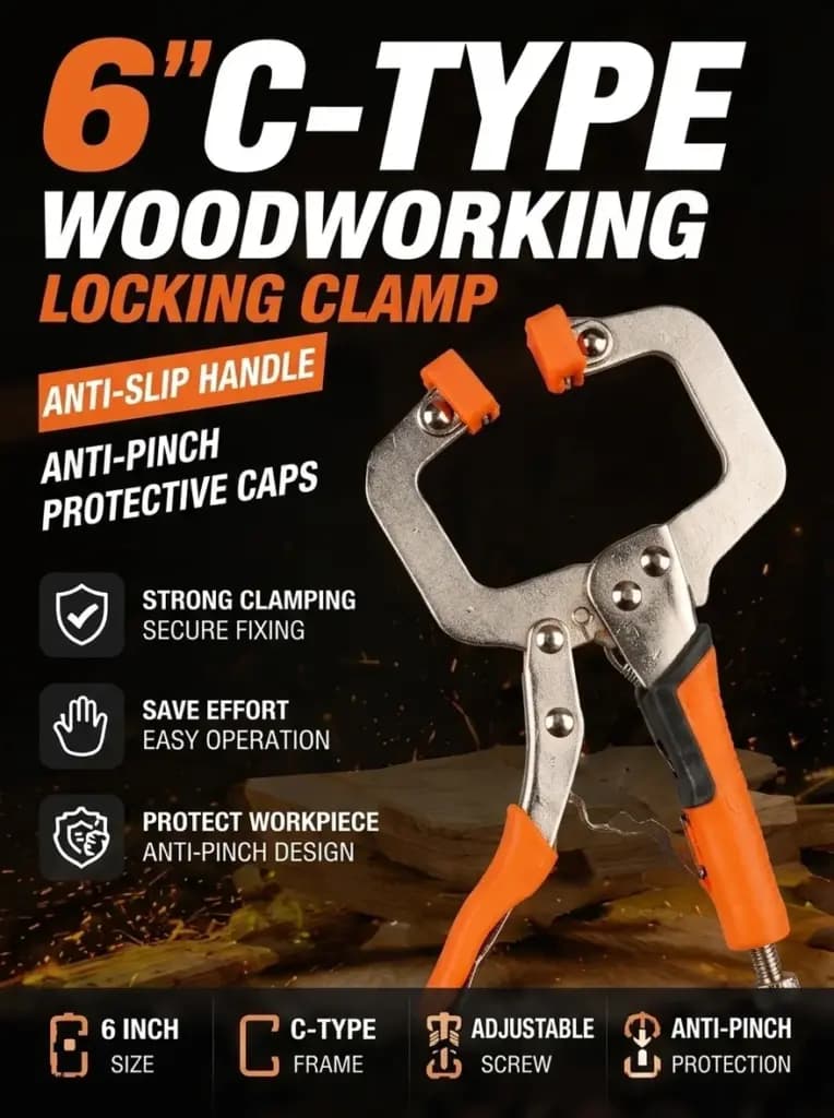 6-inch C-type woodworking locking clamp with orange anti-slip handles and protective jaw caps.