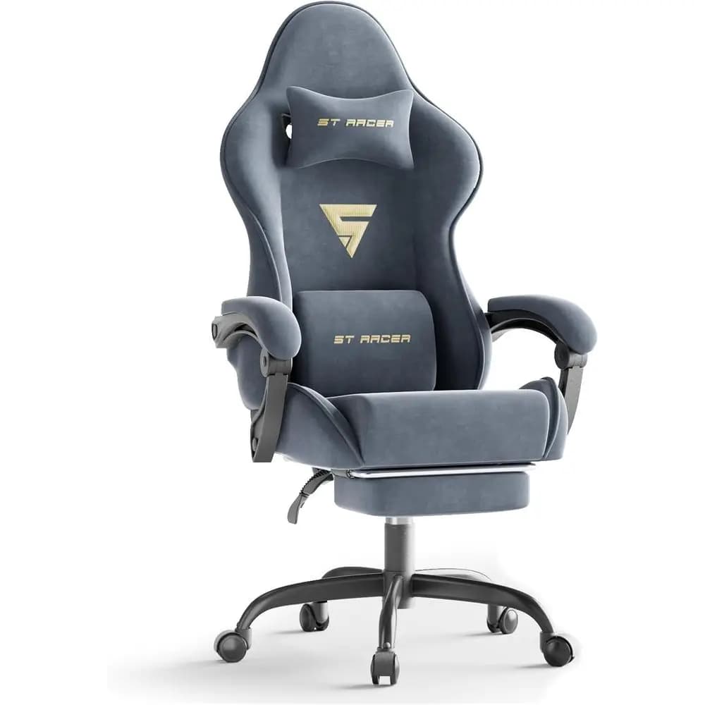Grey ergonomic high-back gaming chair with footrest and massage lumbar support