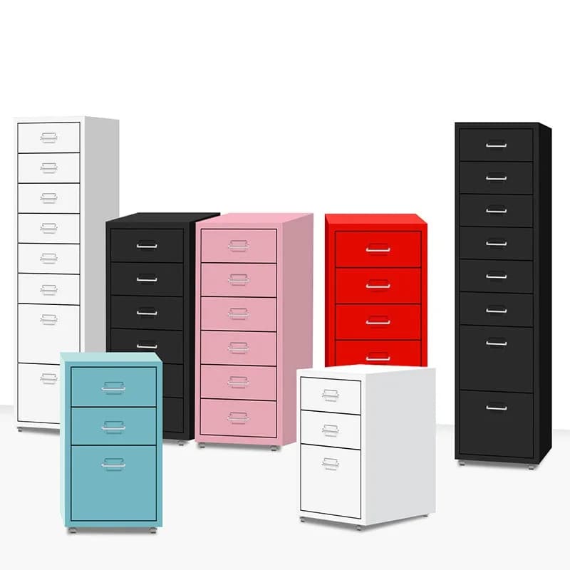 Modern metal storage cabinets with multiple drawers in various colors and heights