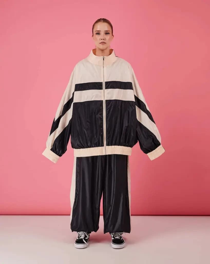 Women Acetate Satin Tracksuit Stand Collar Zip Up Color Block Jacket Elastic Cuff Loose Wide Leg Pants CasualTwoPiece Outfit Set