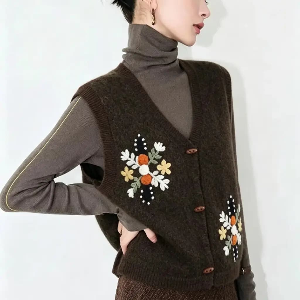 Vintage V‑Neck Wooden Button Knit Vest Women Early Autumn Sleeveless Cardigan Casual Layering Knit Gilet Waistcoat