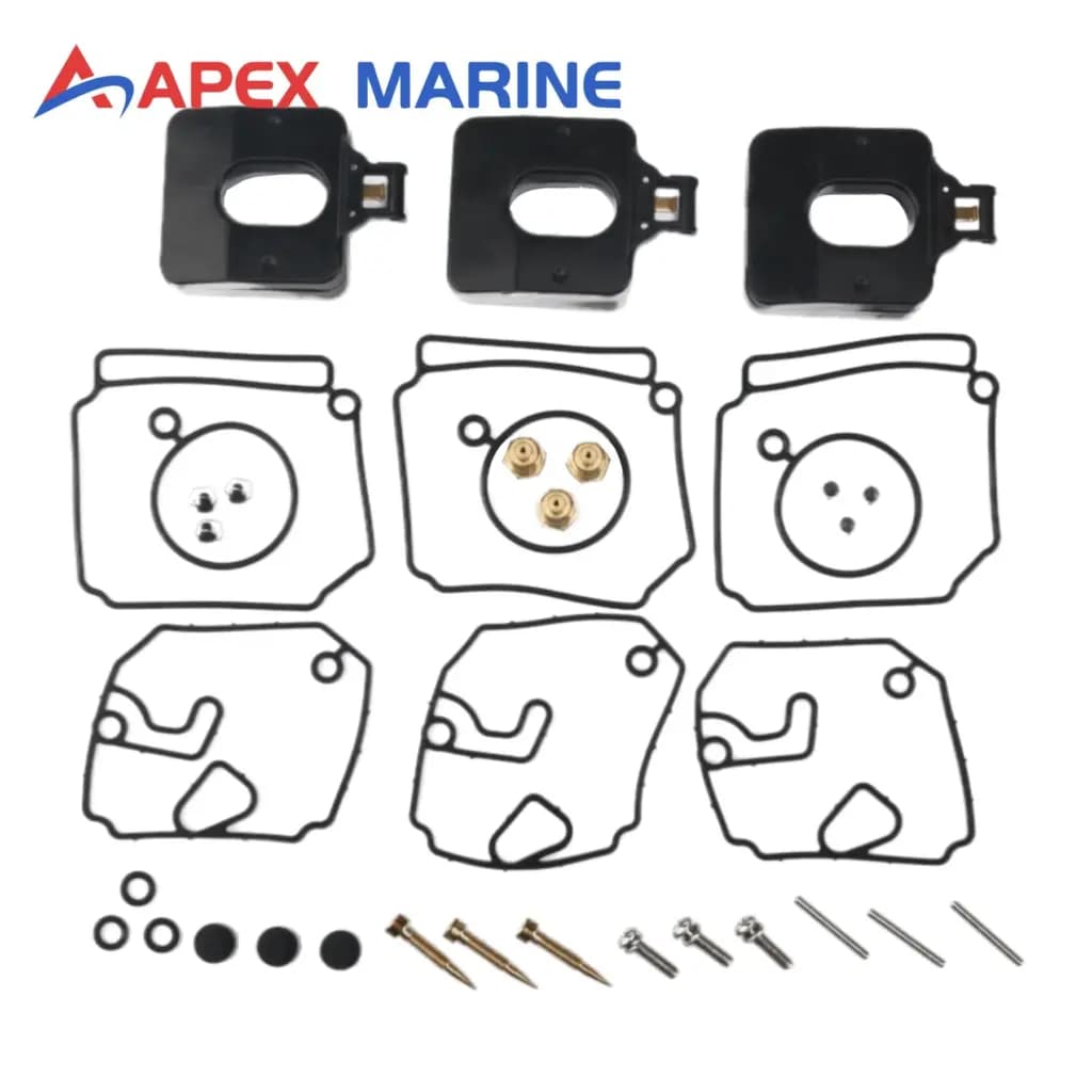 Comprehensive three-set carburetor rebuild kit for Yamaha 40-50HP 2-stroke outboard engines featuring gaskets, needles, and floats.