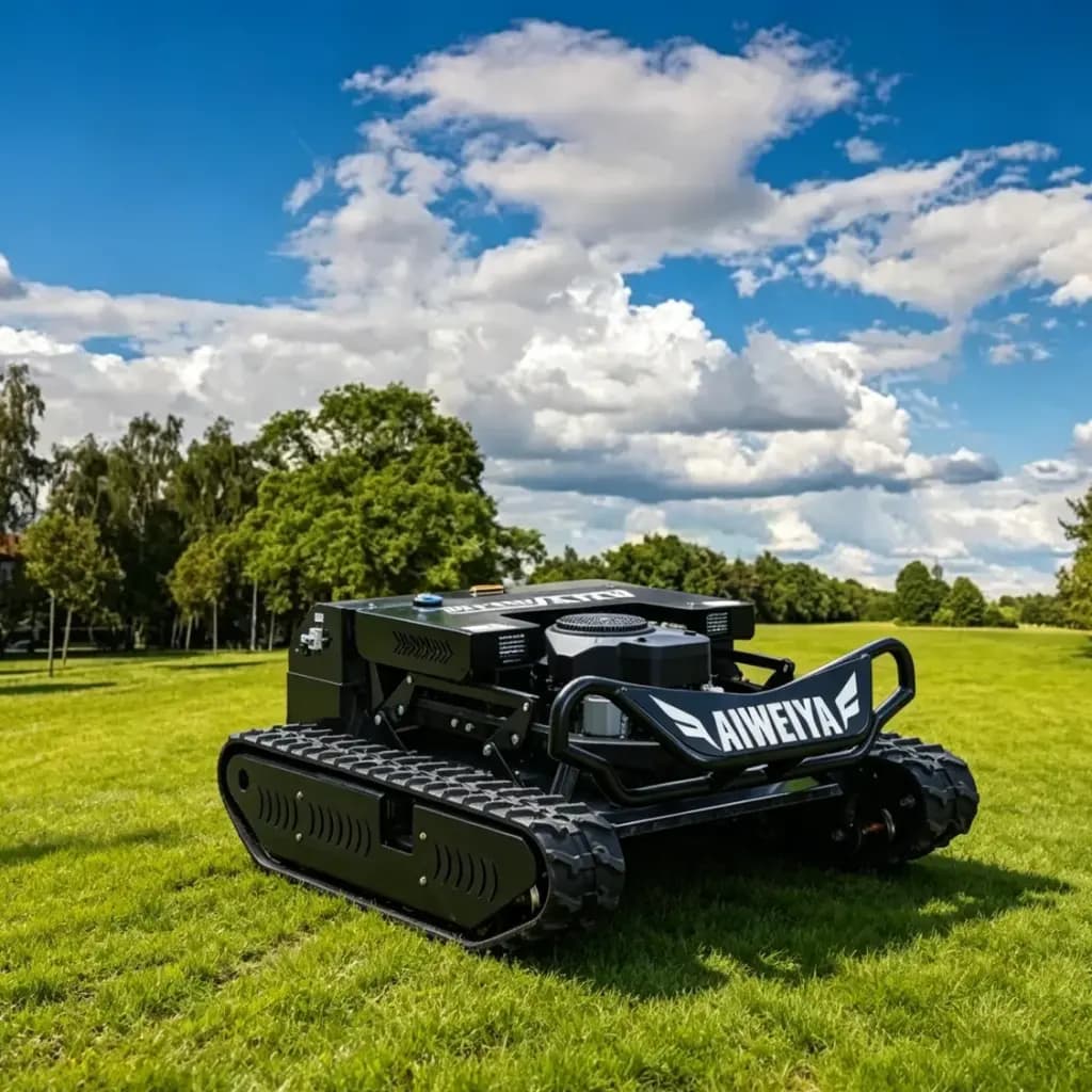 Heavy-duty black zero turn tracked lawn mower on a lush green field under a blue sky.