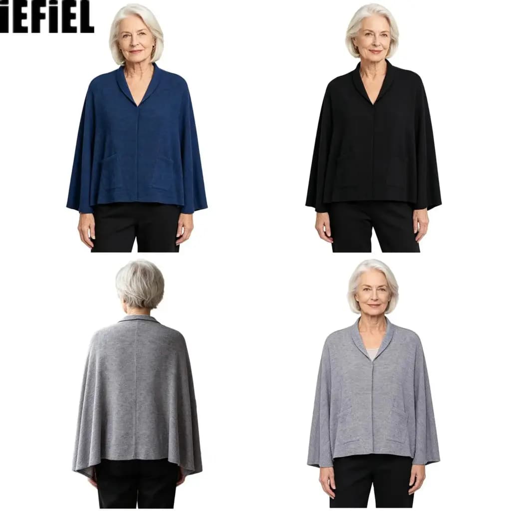 An elderly woman wearing a stylish blue adaptive cape shawl with a V-neck and front pockets.