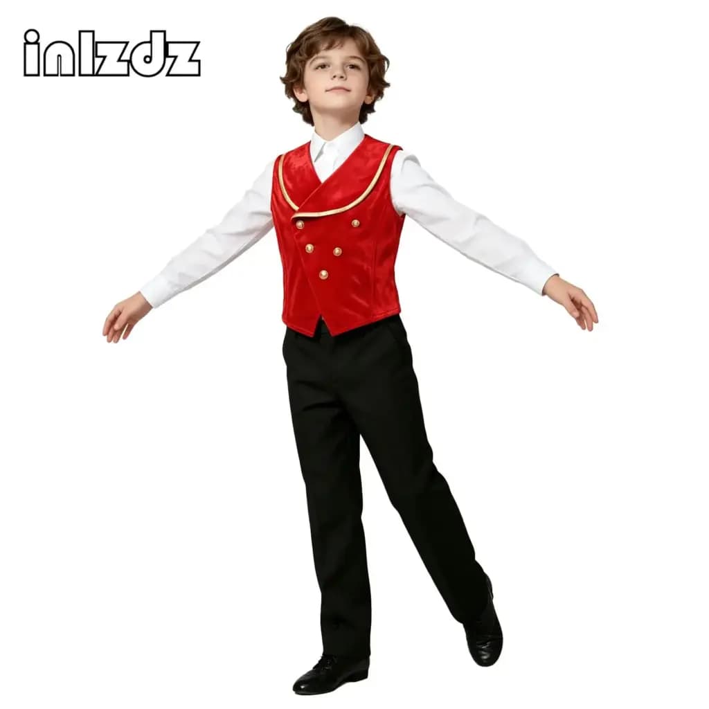 Kids Boys Medieval Velvet Vest Metallic Lapel Collar Sleeveless Victorian Waistcoat for Halloween Prince Dress Up Theme Party