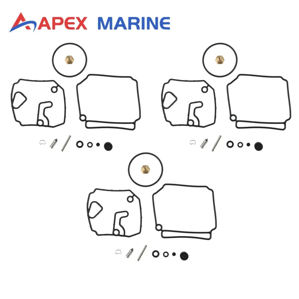 Complete 3-piece carburetor rebuild kit including gaskets and components for Yamaha outboard boat engines.