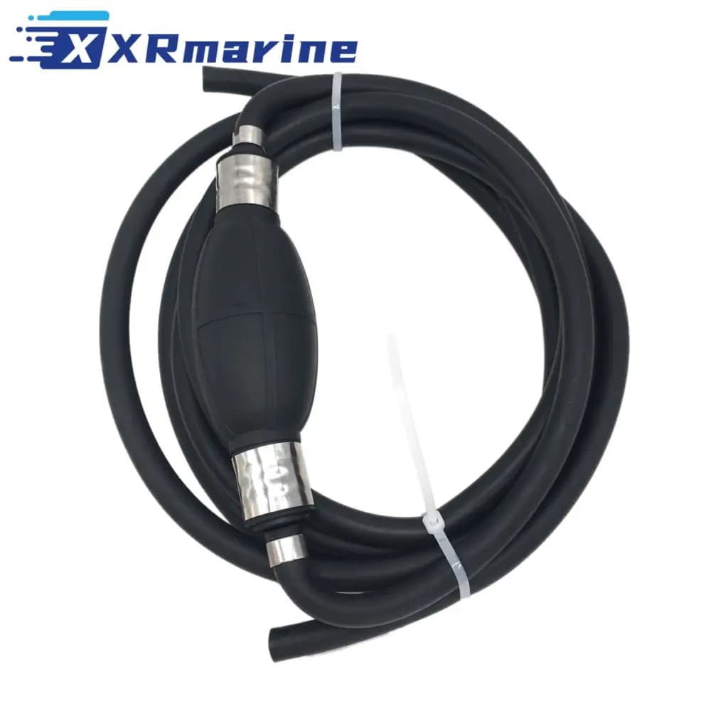 Coiled black 5/16 inch marine outboard fuel line with integrated primer bulb and metal clamps.