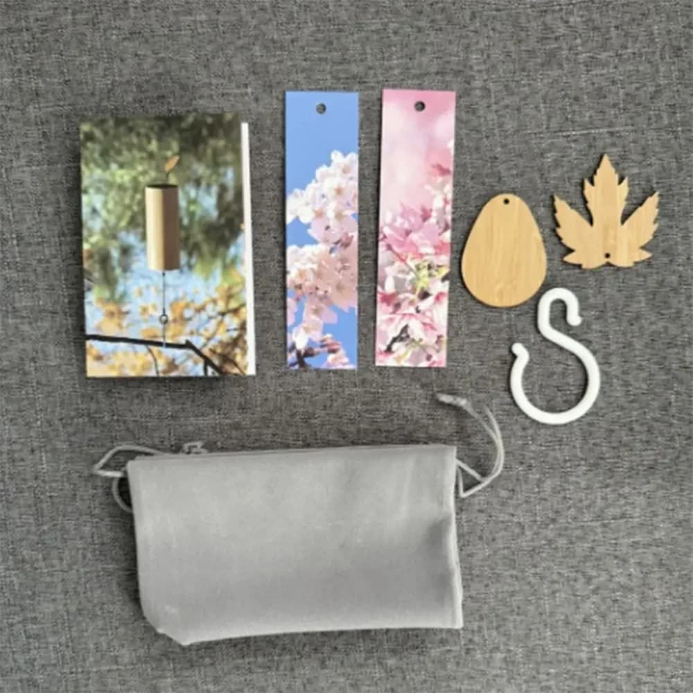 Handmade antique style bamboo wind chime kit with floral cards and storage bag.